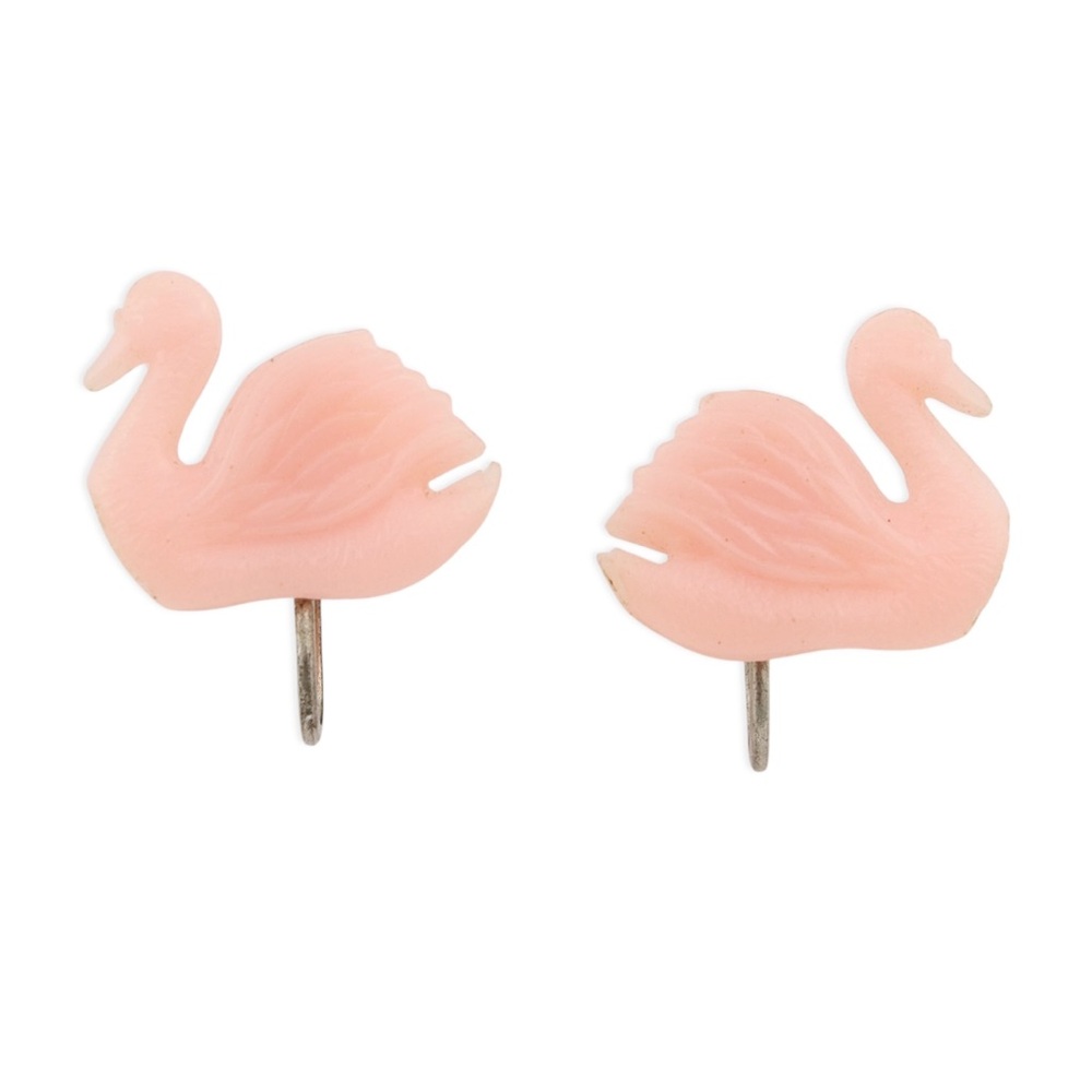 Vintage Pink Swan Screw Back Clip On Earrings Retro Mid-Century